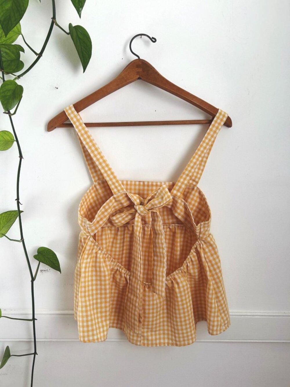 Yellow Gingham Peplum Top Open Back Tie Square Neckline Coquette Cottagecore S M - Picture 4 of 7